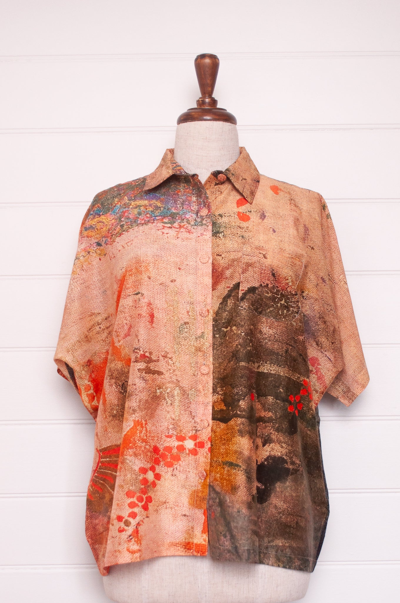 Yavï cotton silk blouse vintage postcard print.