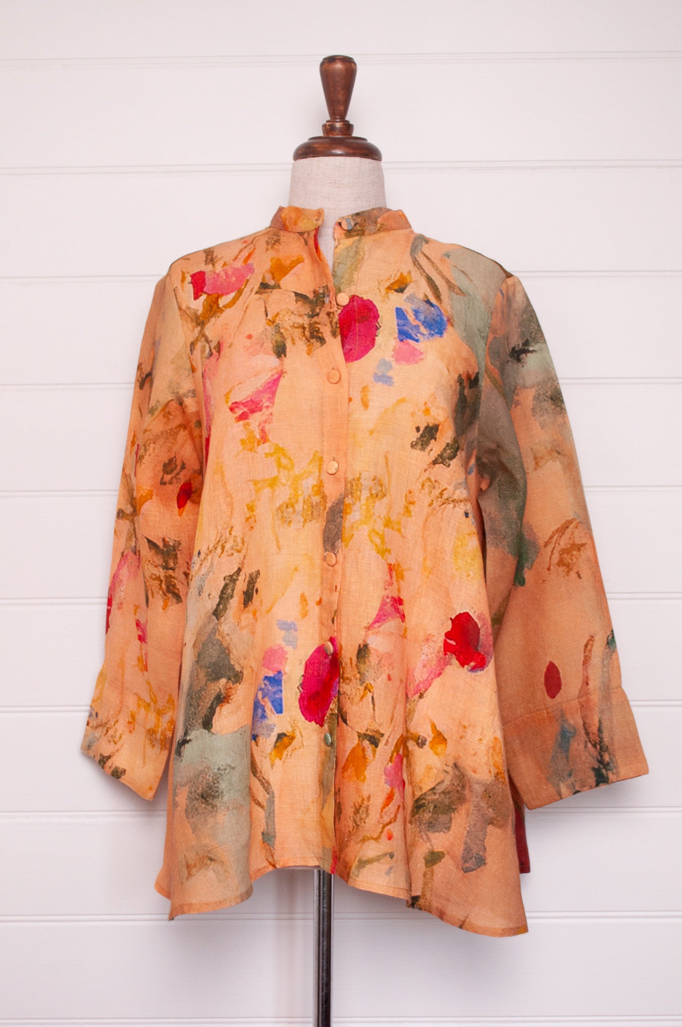 Yavï pure linen vintage postcard print floral button up swing shirt jacket.