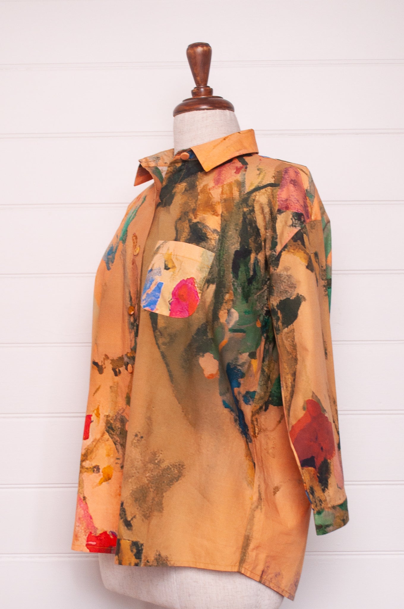 Yavï vintage postcard print button up cotton shirt mustard floral.