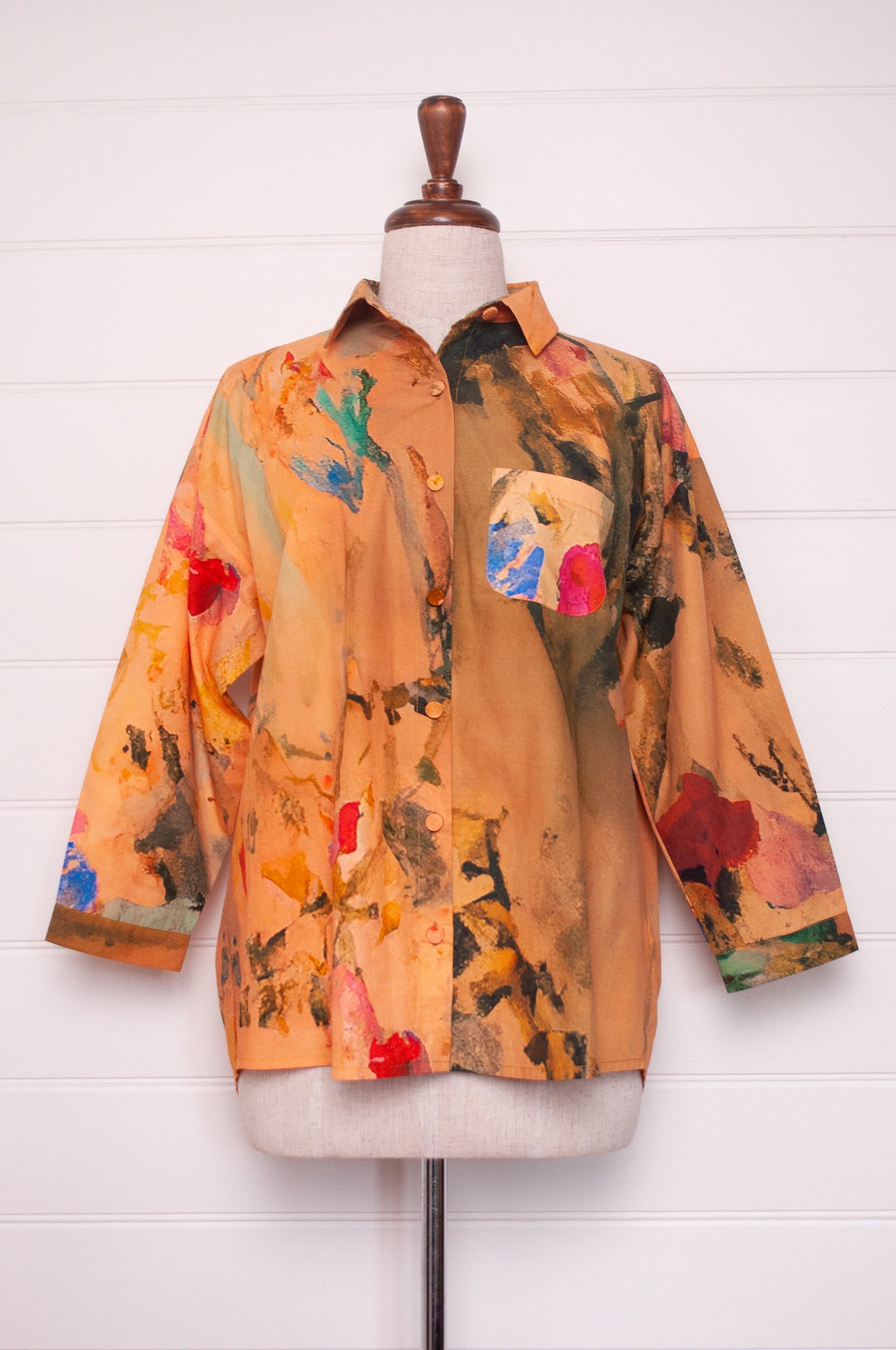 Yavï vintage postcard print button up cotton shirt mustard floral.