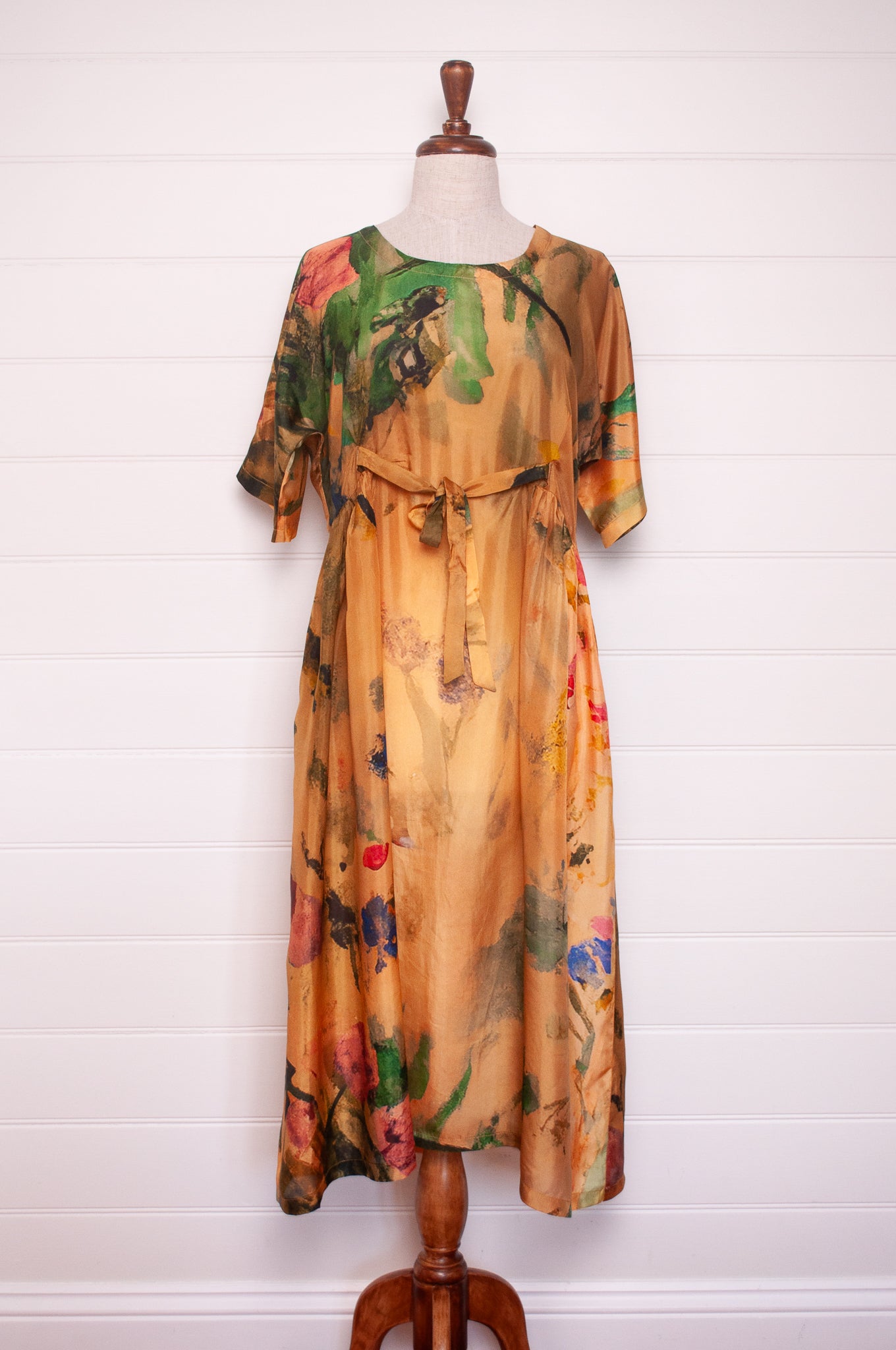 Yavï vintage postcard print silk dress floral on mustard.