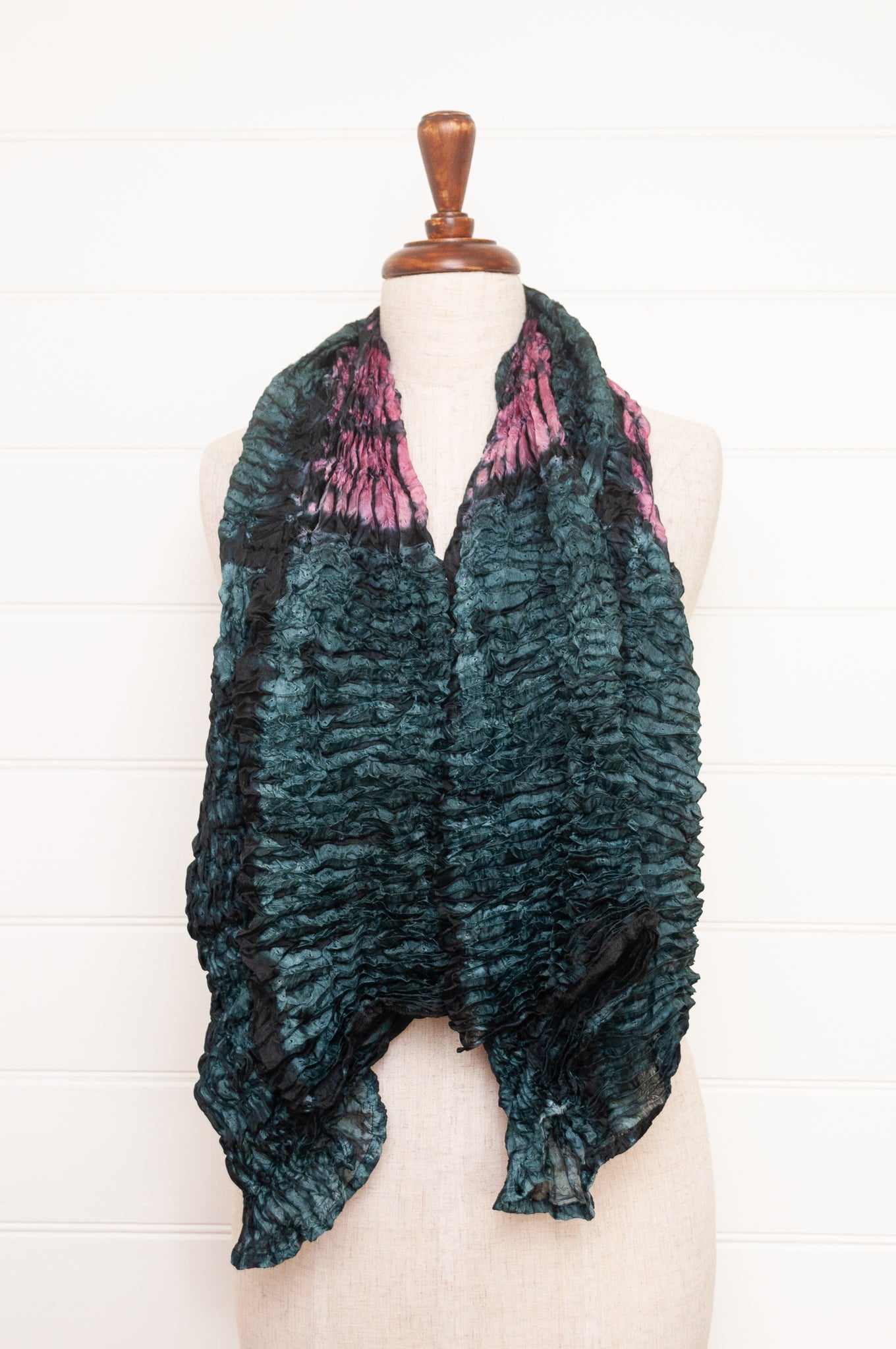 Shibori dyed pure silk crinkle finish scarf in indigo blue and magenta pink.