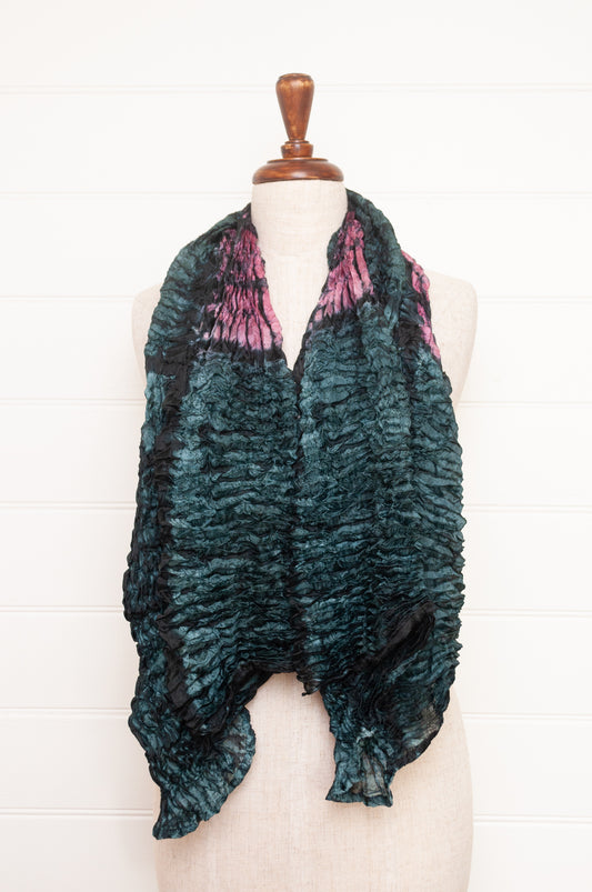 Shibori dyed pure silk crinkle finish scarf in indigo blue and magenta pink.