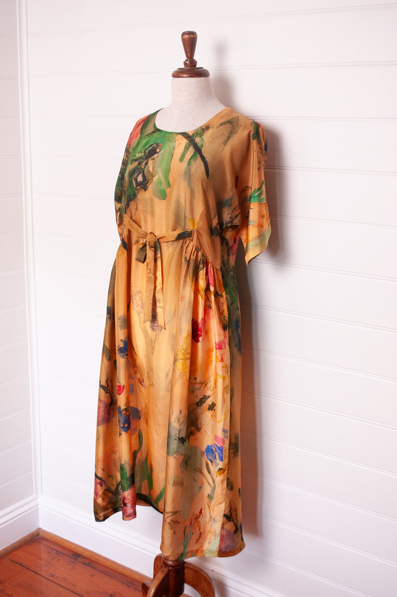 Yavï vintage postcard print silk dress floral on mustard.