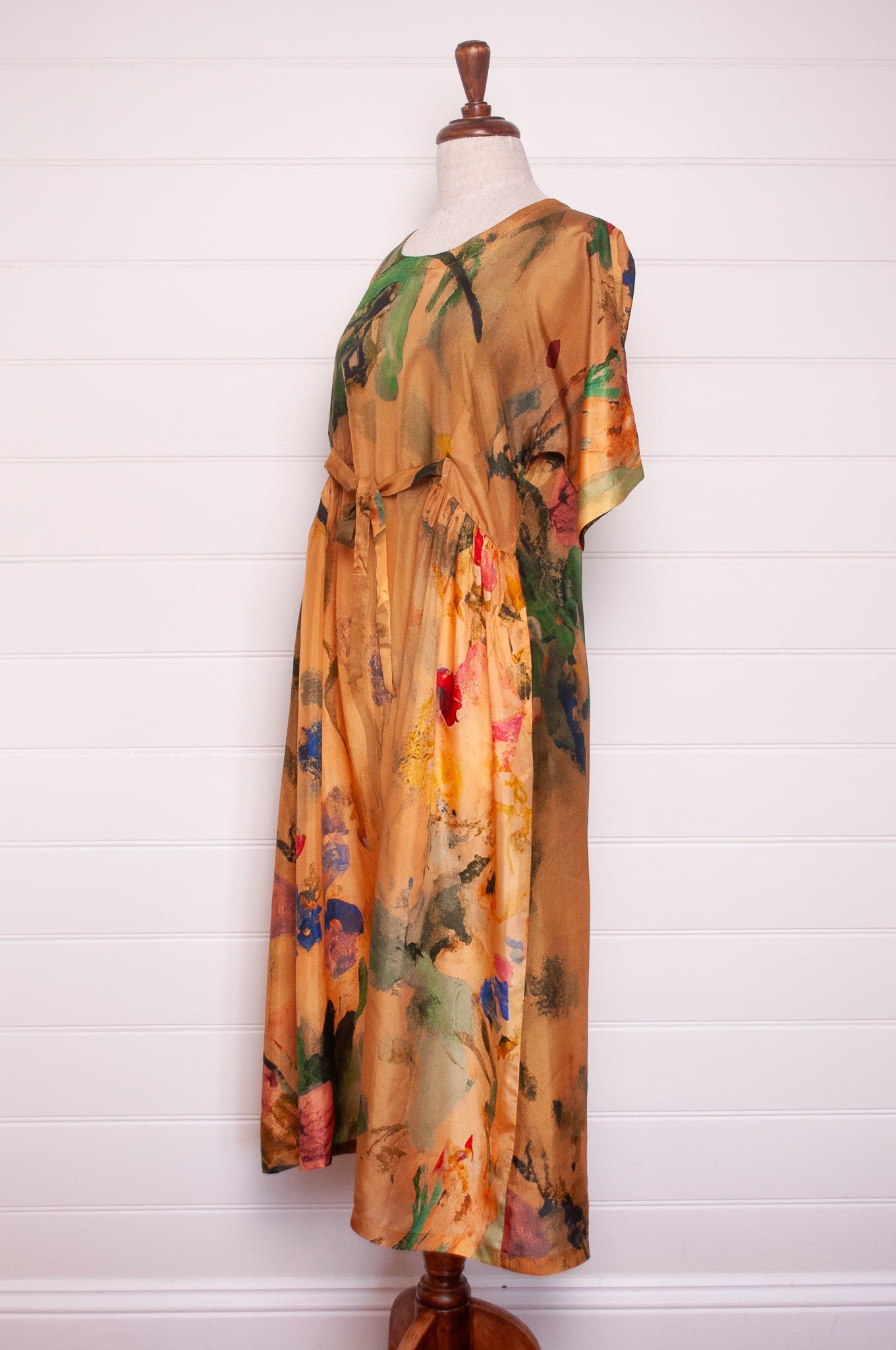 Yavï vintage postcard print silk dress floral on mustard.