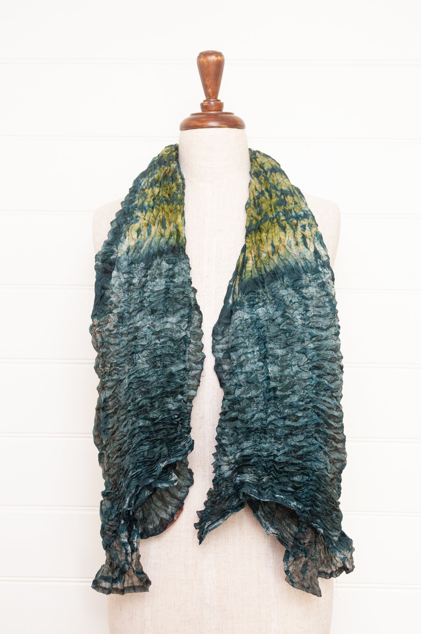 Shibori dyed pure silk crinkle finish scarf in shades of green and blue.