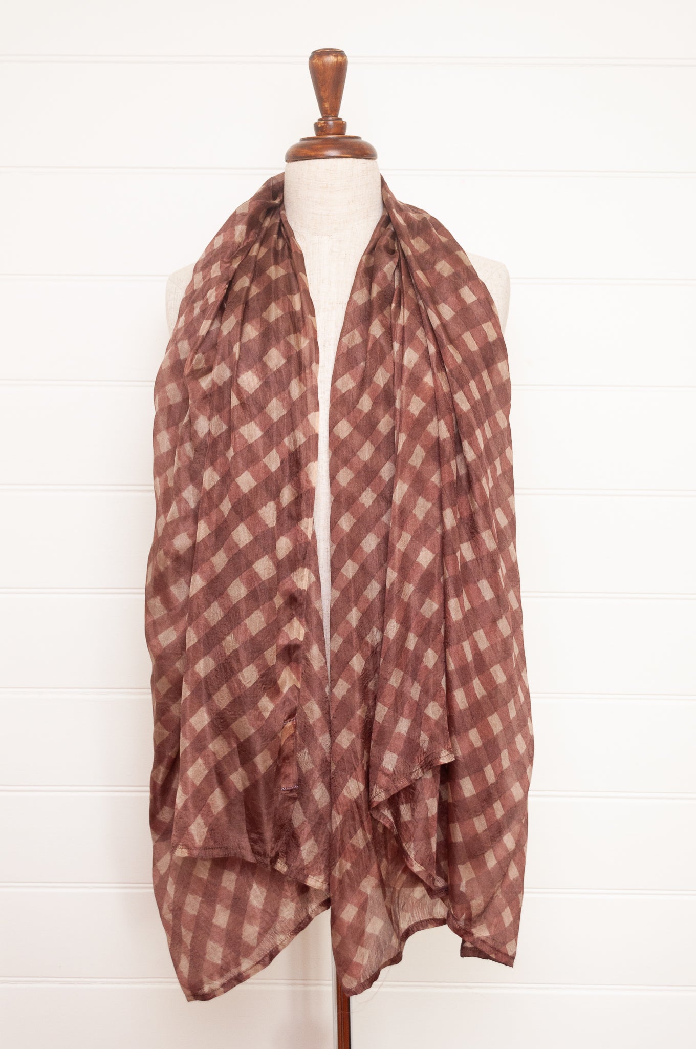 Hand painted pure silk scarf with deep nutmeg brown and beige checks.
