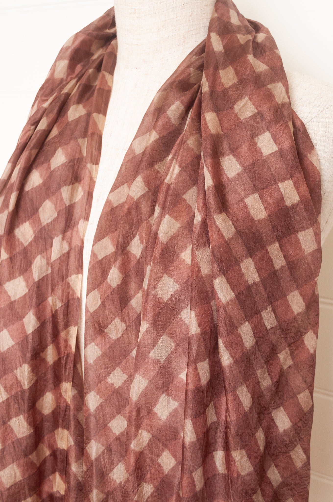 Hand painted pure silk scarf with deep nutmeg brown and beige checks.