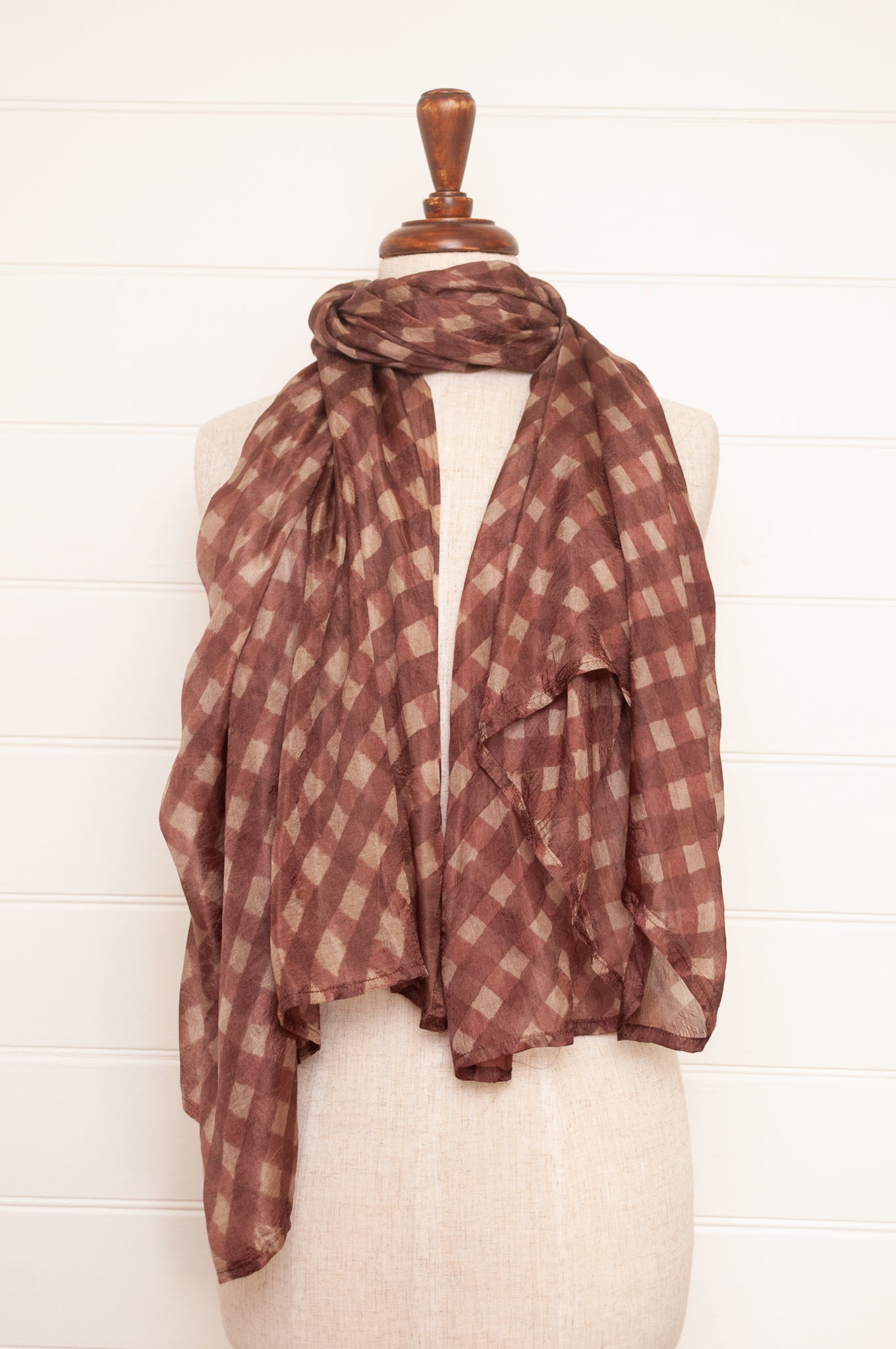 Hand painted pure silk scarf with deep nutmeg brown and beige checks.