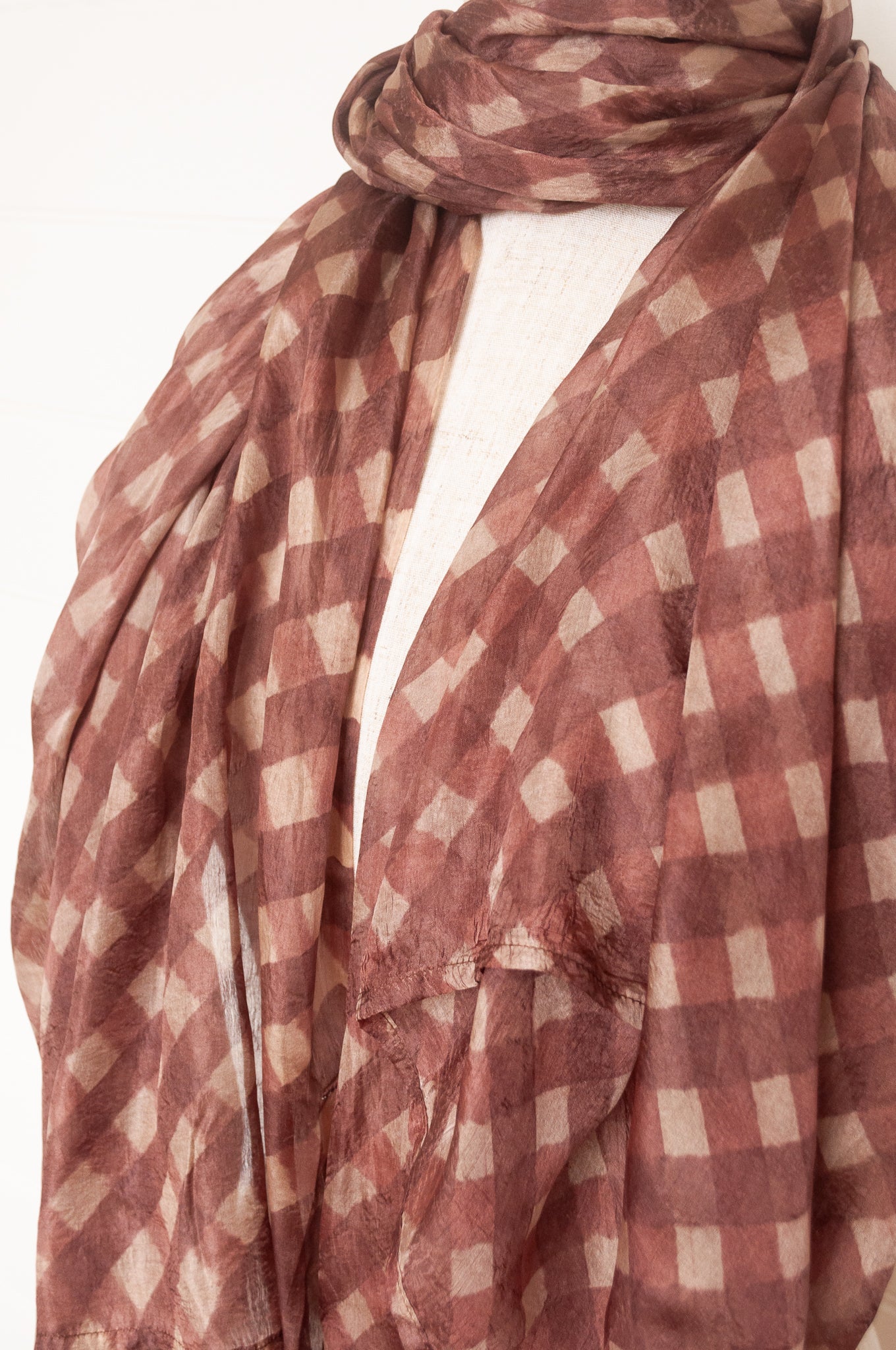 Hand painted pure silk scarf with deep nutmeg brown and beige checks.