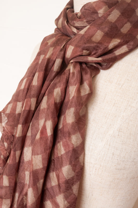 Hand painted pure silk scarf with deep nutmeg brown and beige checks.