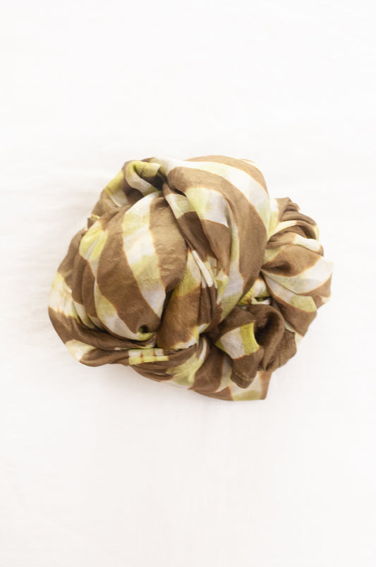Hand painted pure silk scarf with deep olive green checks on white.