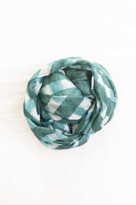 Hand painted pure silk scarf with deep turquoise green checks on white.