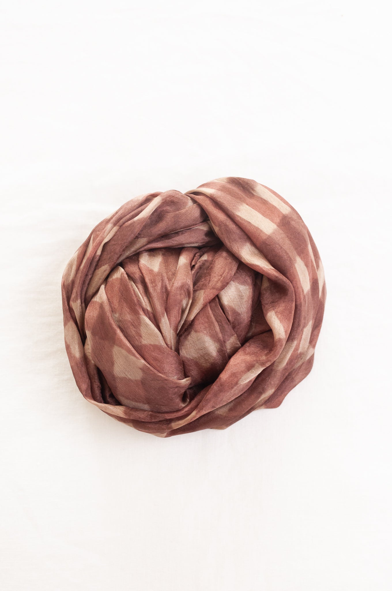 Hand painted pure silk scarf with deep nutmeg brown and beige checks.