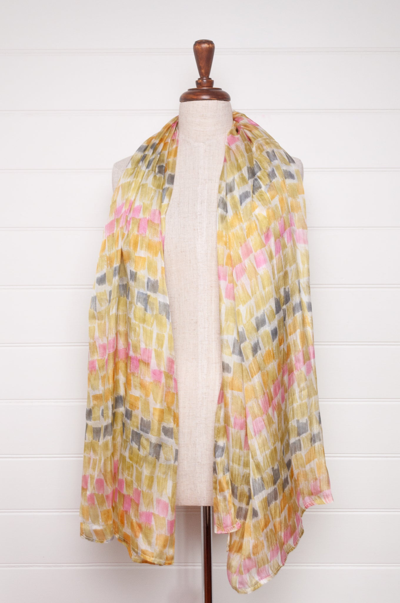 Hand painted pure silk scarf with light olive, pink and grey brushstrokes on white.