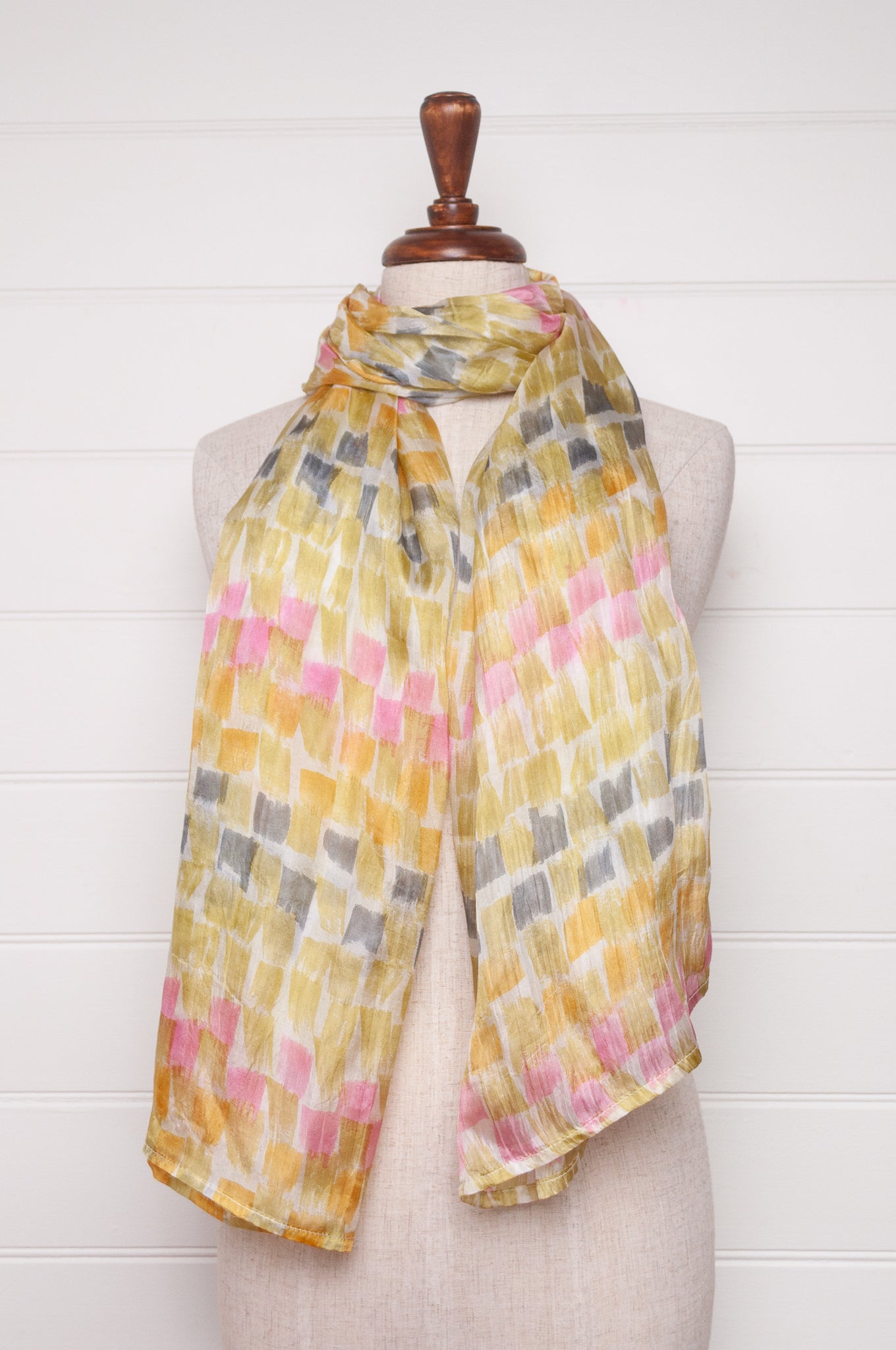 Juniper Hearth handpainted silk scarf - light olive brushstrokes