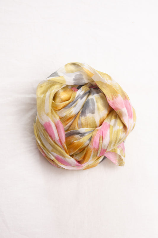 Hand painted pure silk scarf with light olive, pink and grey brushstrokes on white.