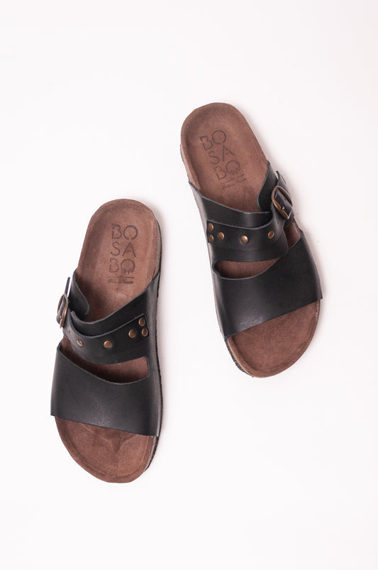 Bosabo black leather slide Vachette nero with brass stud detail and buckle.
