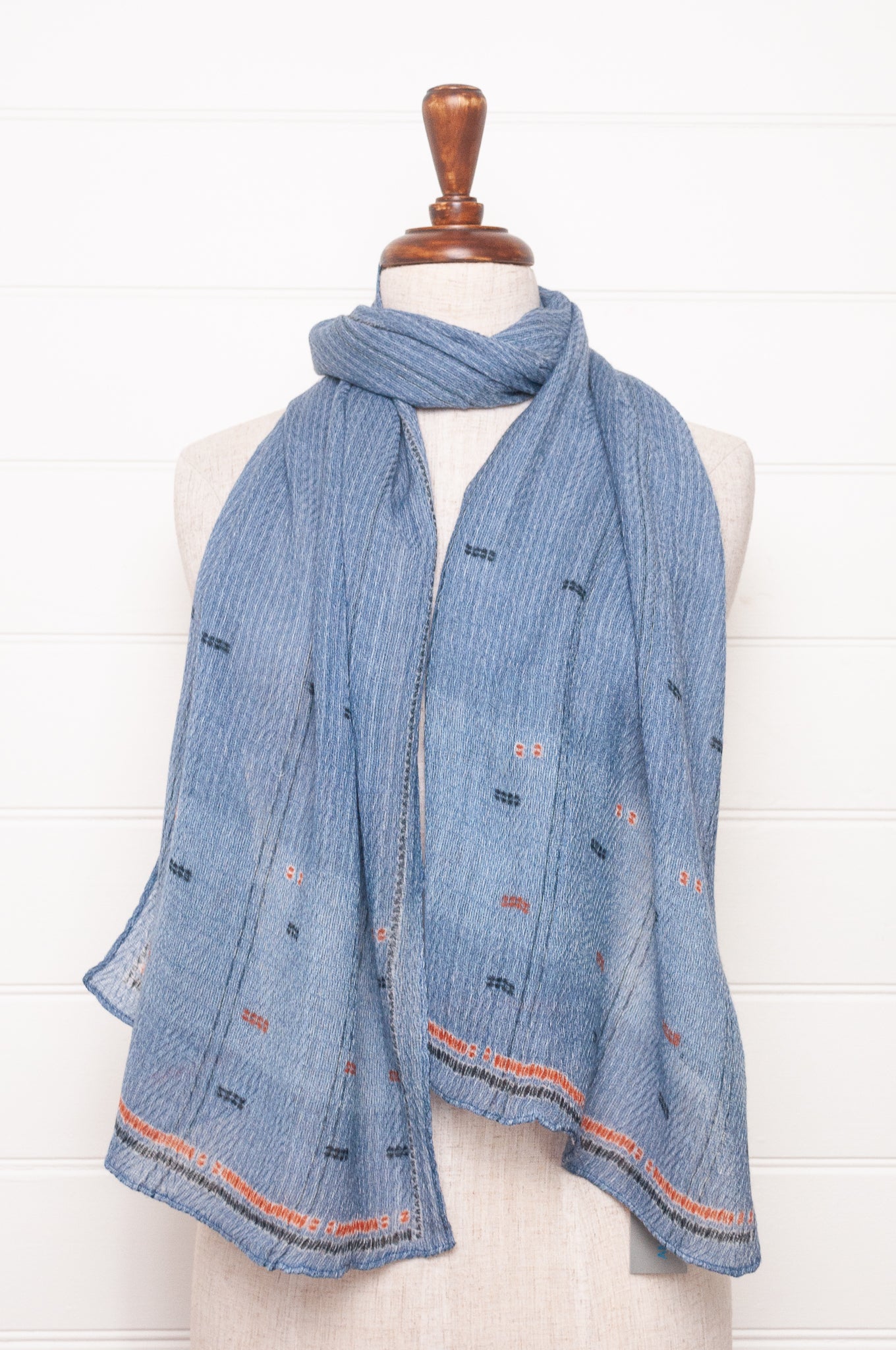 Anna Kaszer fine wool scarf geometric pattern in denim blue.