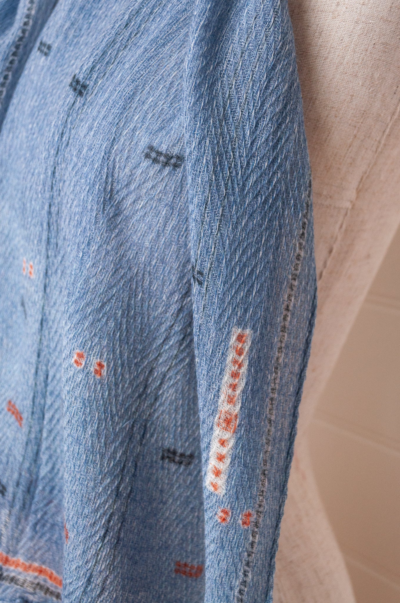 Anna Kaszer fine wool scarf geometric pattern in denim blue.