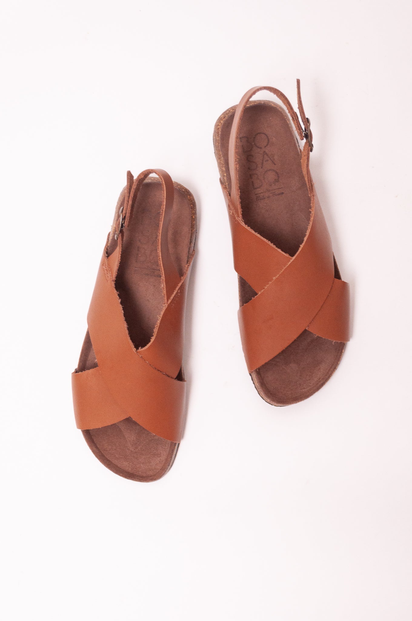 Bosabo cross over leather sandal slide Vachette antico with brass buckle.