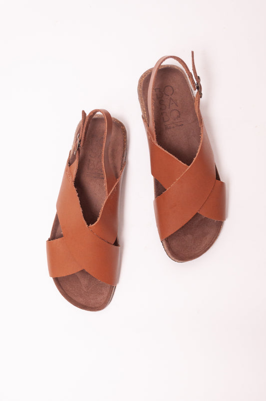 Bosabo cross over leather sandal slide Vachette antico with brass buckle.