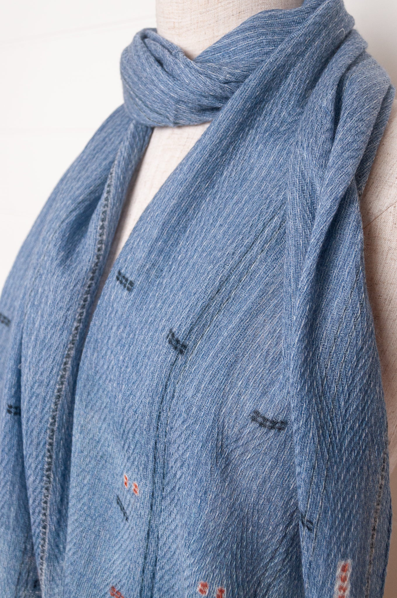Anna Kaszer fine wool scarf geometric pattern in denim blue.