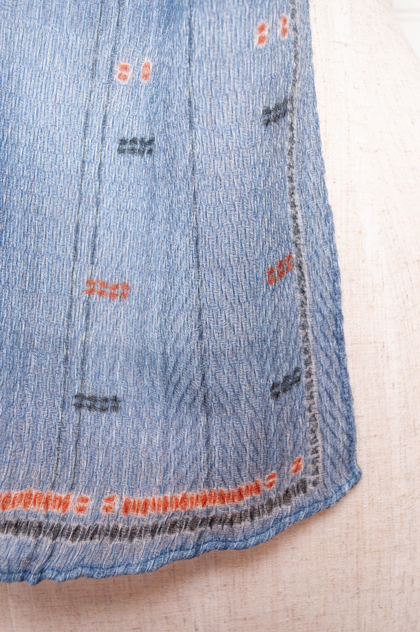Anna Kaszer fine wool scarf geometric pattern in denim blue.