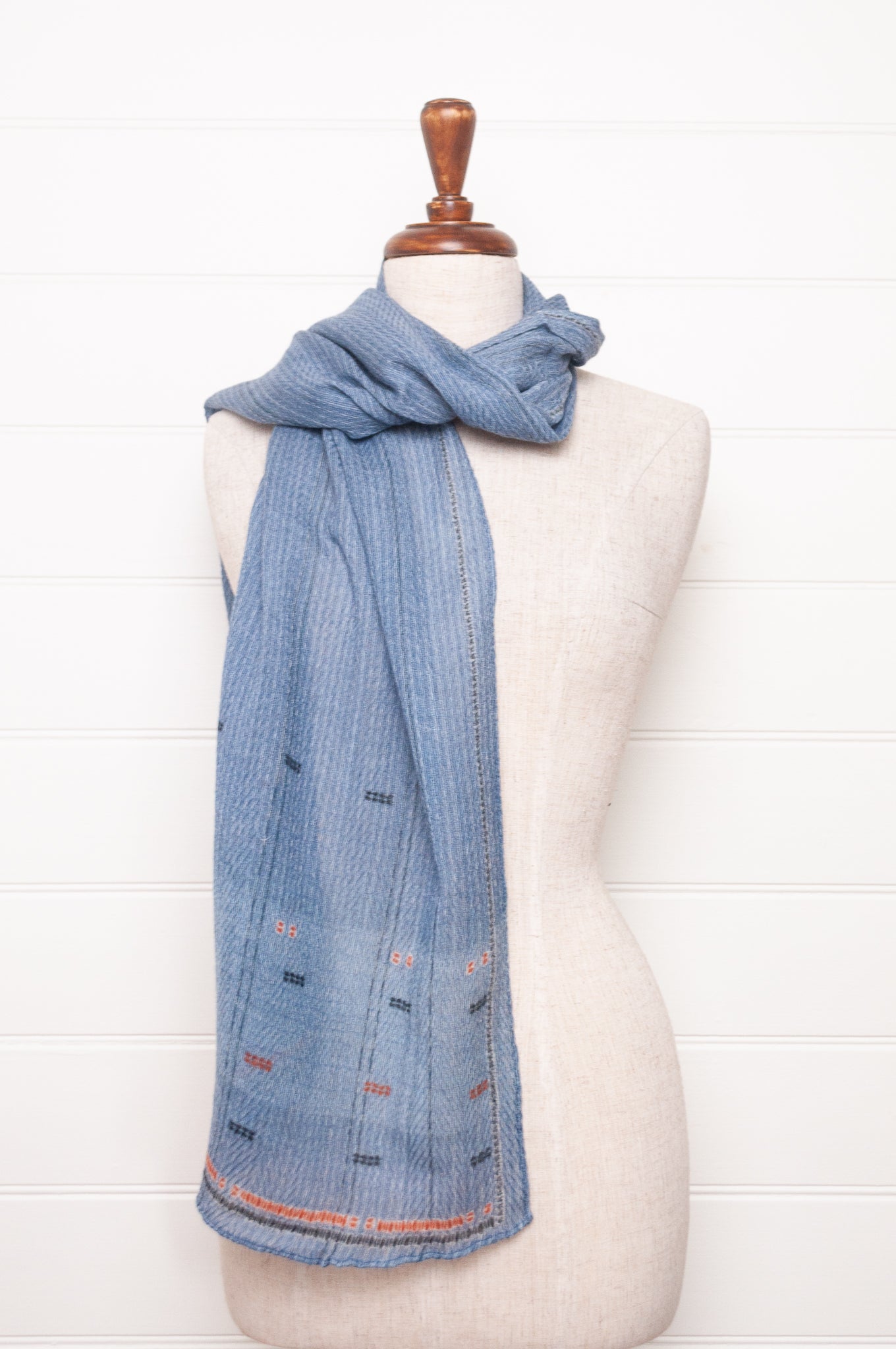 Anna Kaszer fine wool scarf geometric pattern in denim blue.