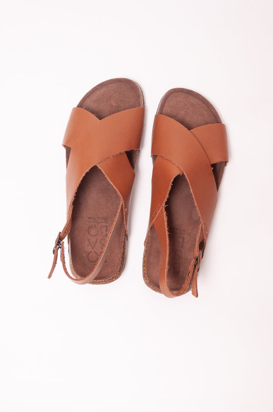 Bosabo cross over leather sandal slide Vachette antico with brass buckle.