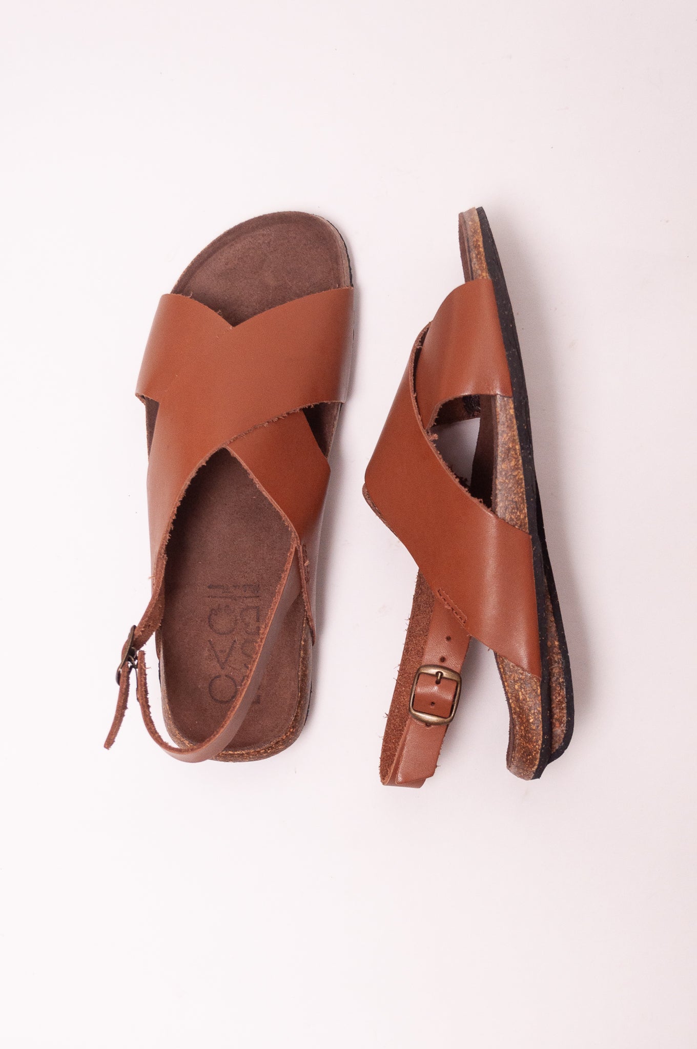 Bosabo cross over leather sandal slide Vachette antico with brass buckle.
