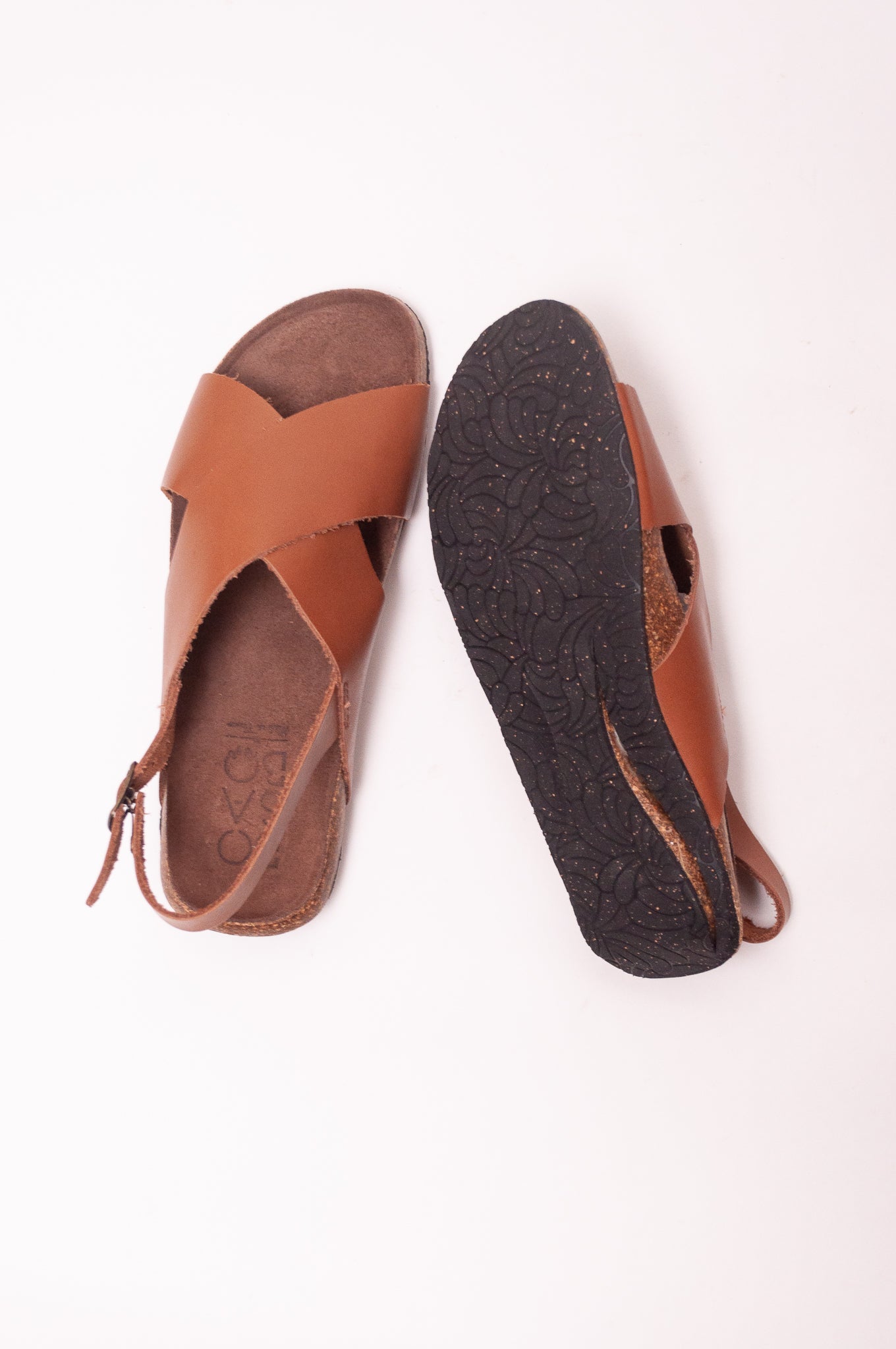 Bosabo cross over leather sandal slide Vachette antico with brass buckle.