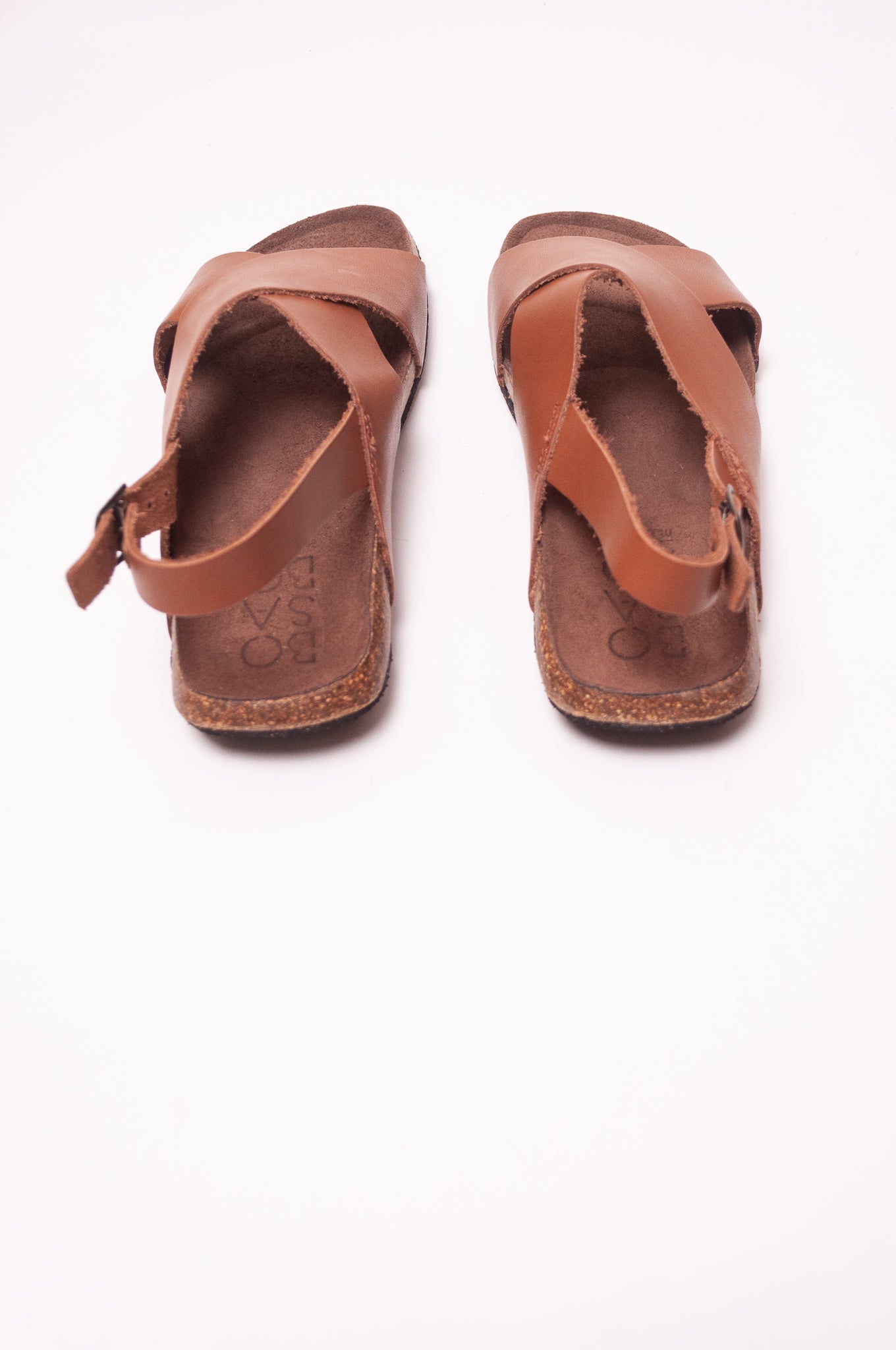 Bosabo cross over leather sandal slide Vachette antico with brass buckle.