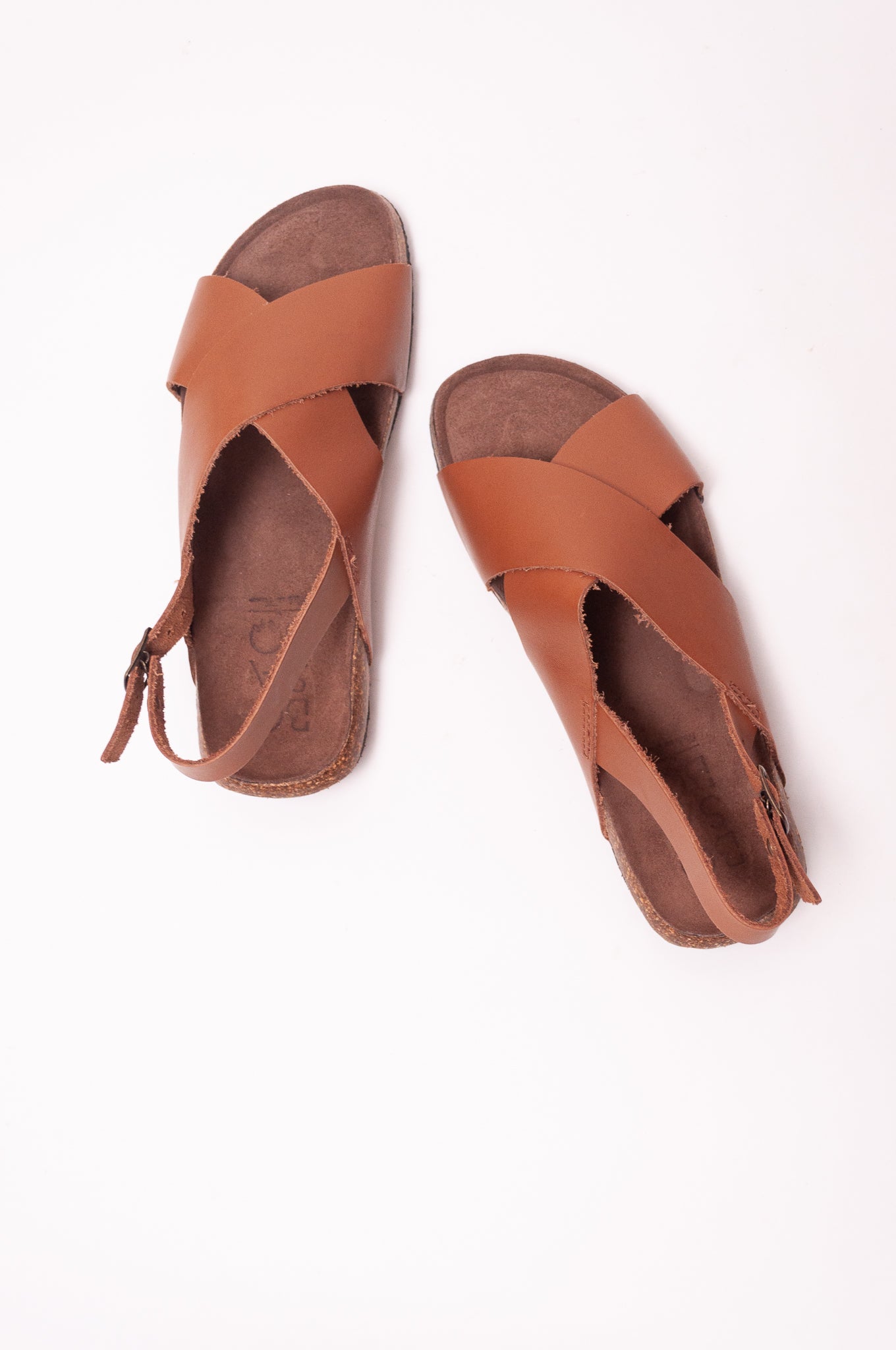 Bosabo cross over leather sandal slide Vachette antico with brass buckle.