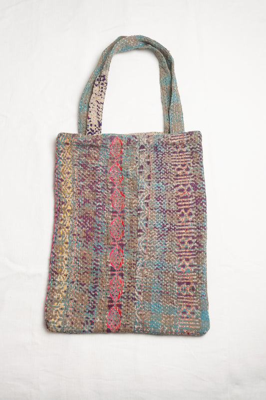 Vintage kantha tote bag, blue with multi colour stripes.
