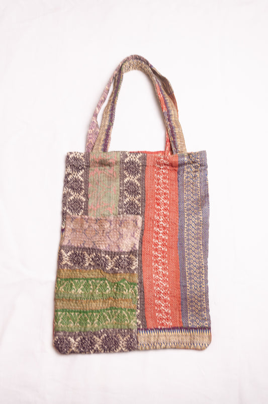 Vintage kantha tote bag, red with olive and gold brocade.