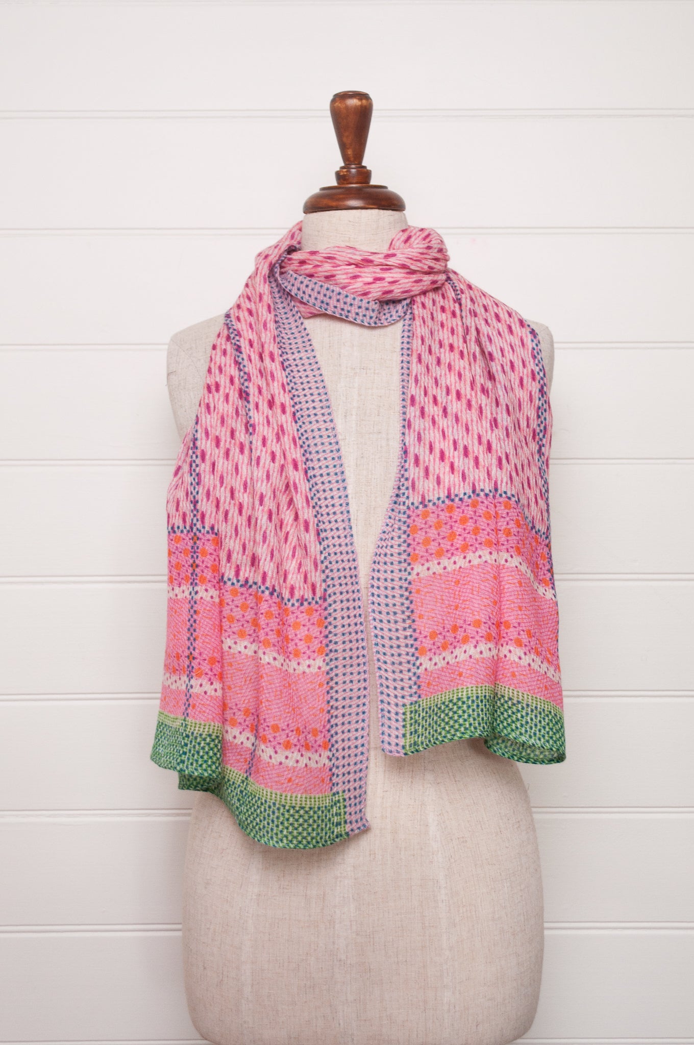 Anna Kaszer fine wool patterned scarf in pink with blue and green highlights.