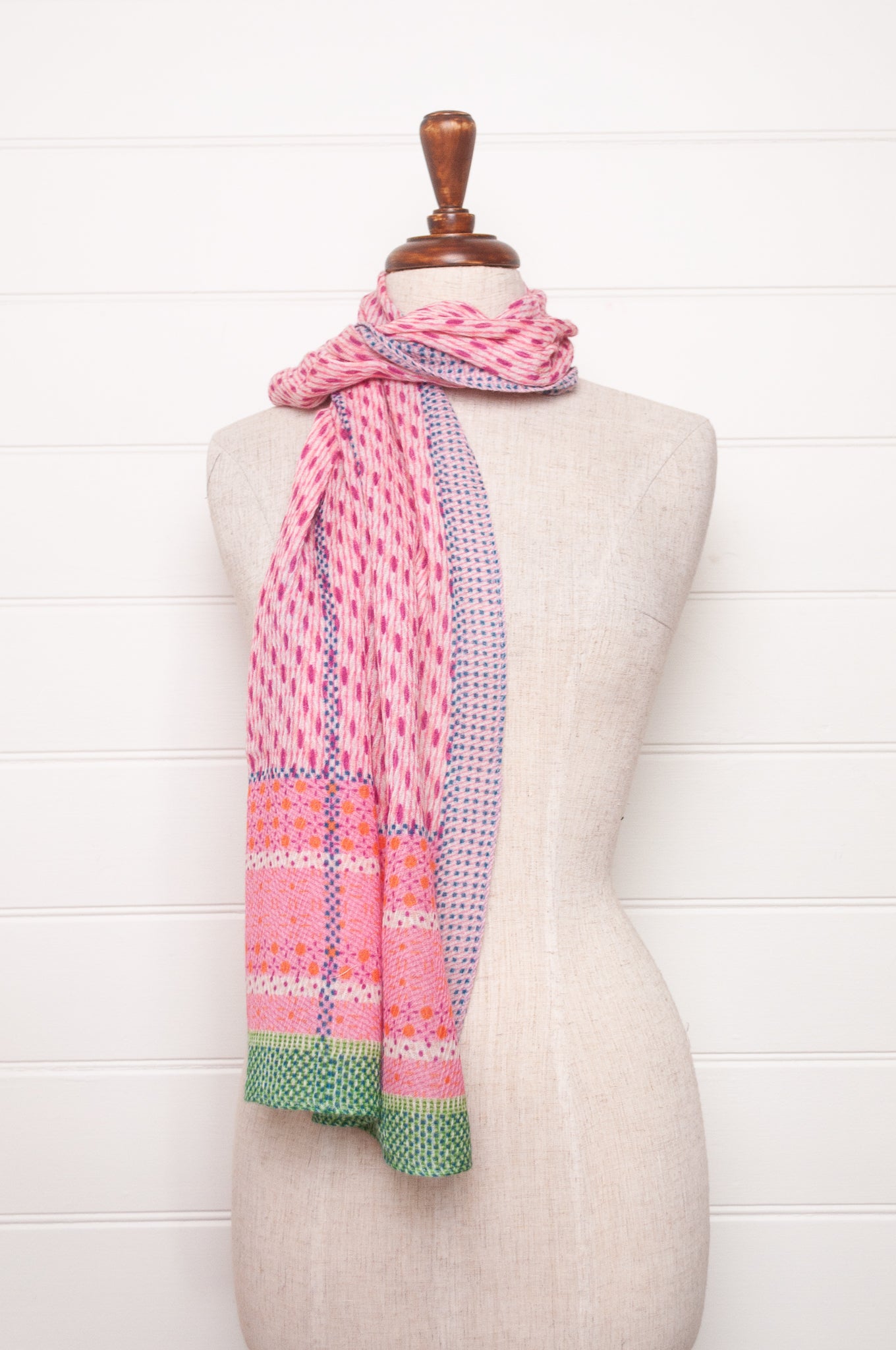 Anna Kaszer fine wool patterned scarf in pink with blue and green highlights.