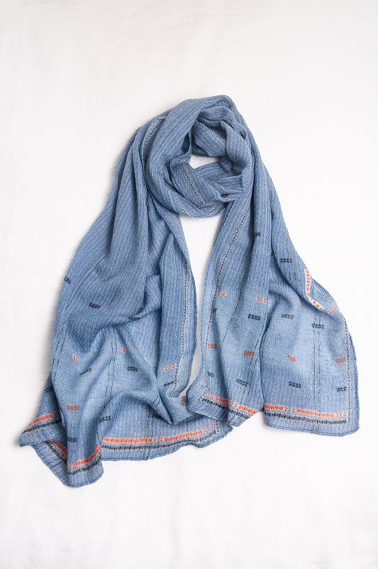 Anna Kaszer fine wool scarf geometric pattern in denim blue.