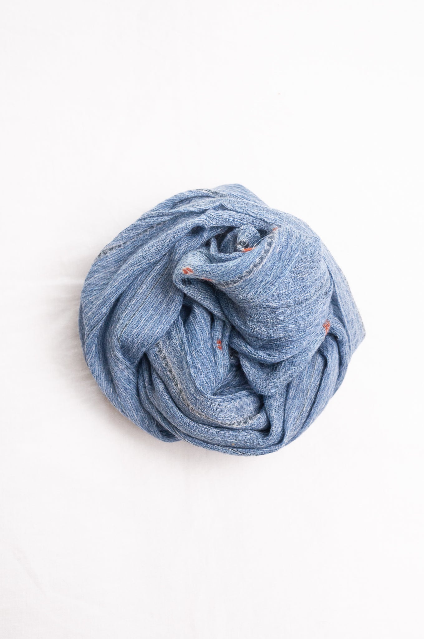 Anna Kaszer fine wool scarf geometric pattern in denim blue.