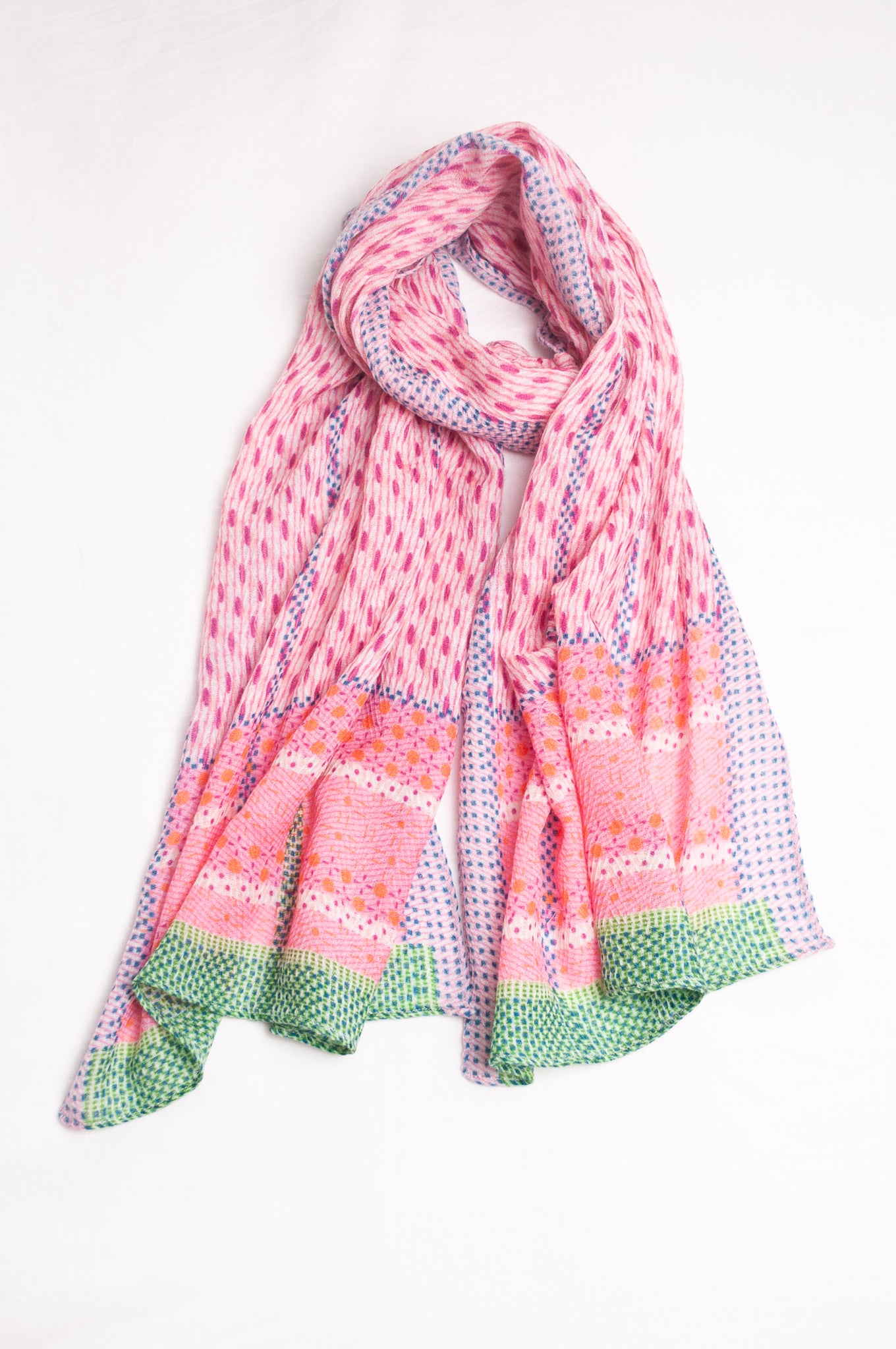 Anna Kaszer fine wool patterned scarf in pink with blue and green highlights.