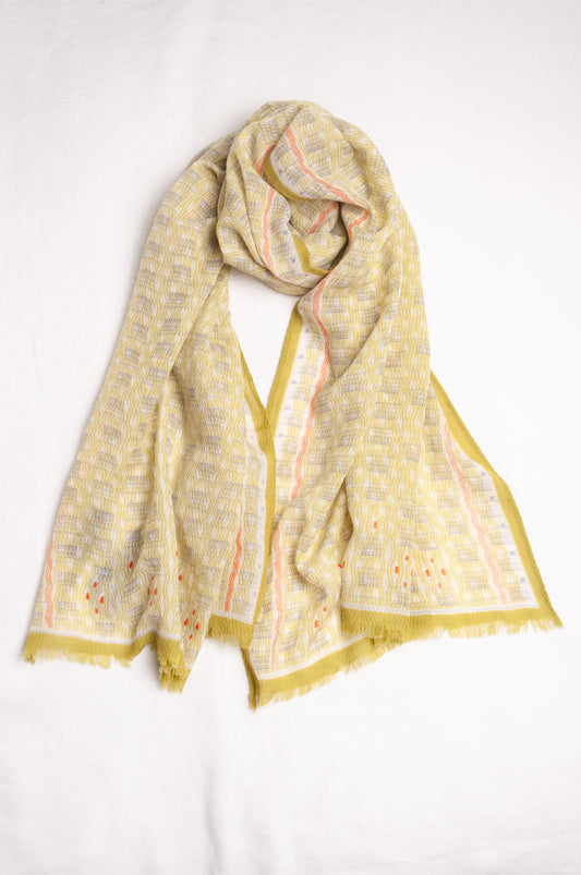 Anna Kaszer fine wool scarf Nori maradign in lime green with coral highlights.