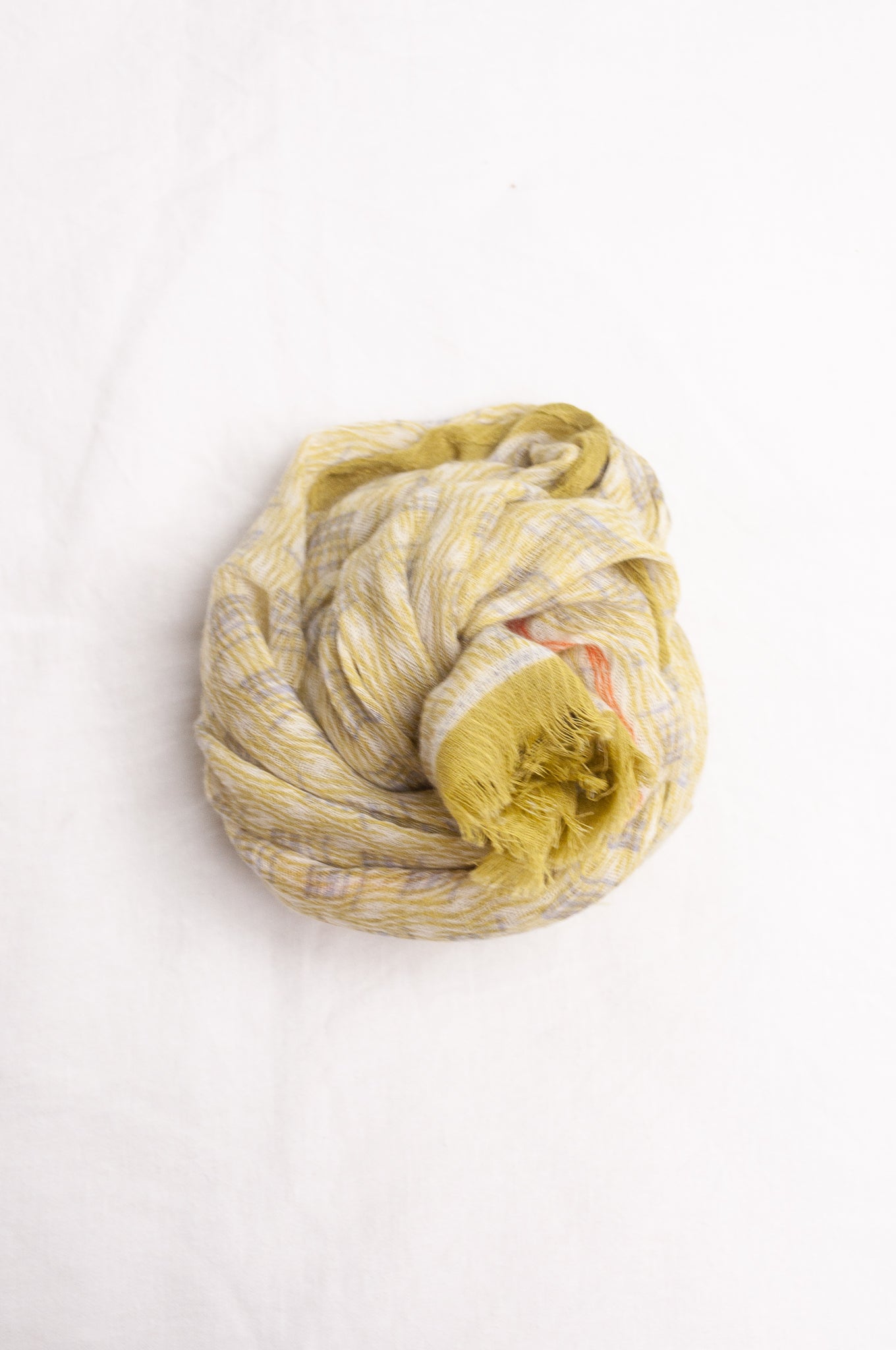 Anna Kaszer fine wool scarf Nori maradign in lime green with coral highlights.