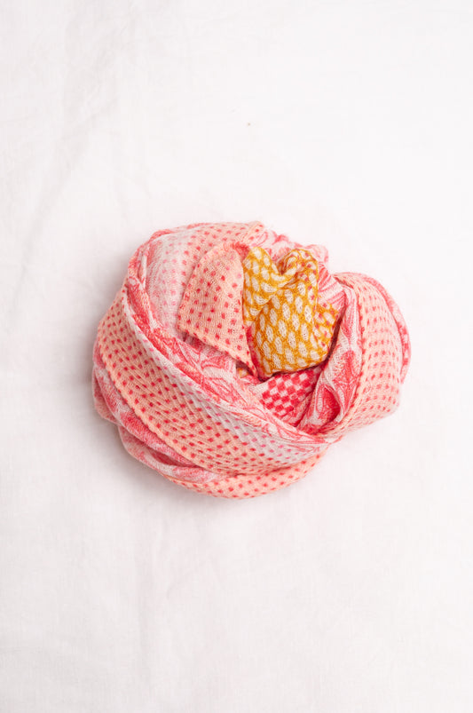 Anna Kaszer fine wool scarf geometric pattern in coral, white and mustard.