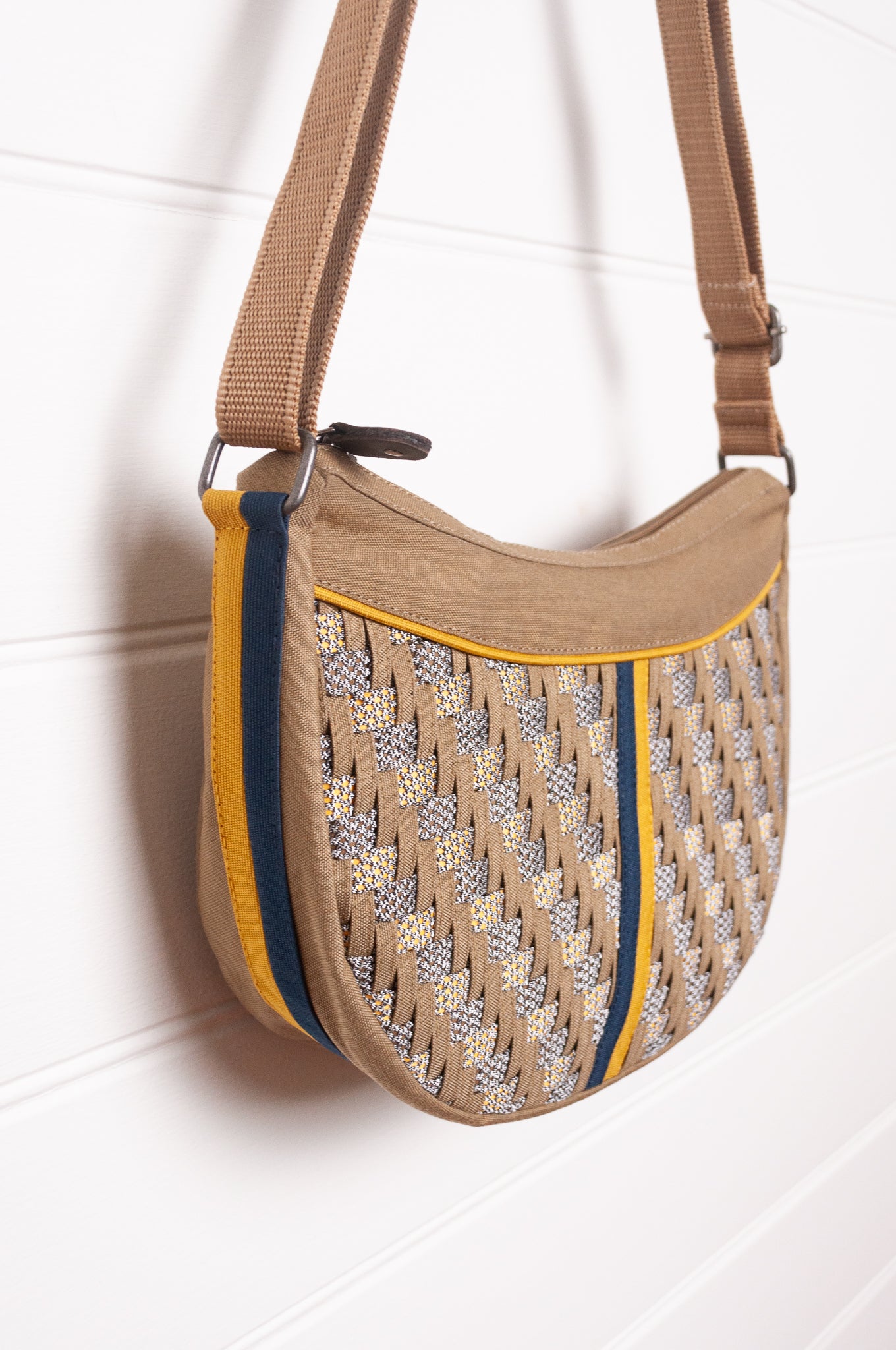 Anna Kaszer Fantio bag in taupe, cross body with braided panel.