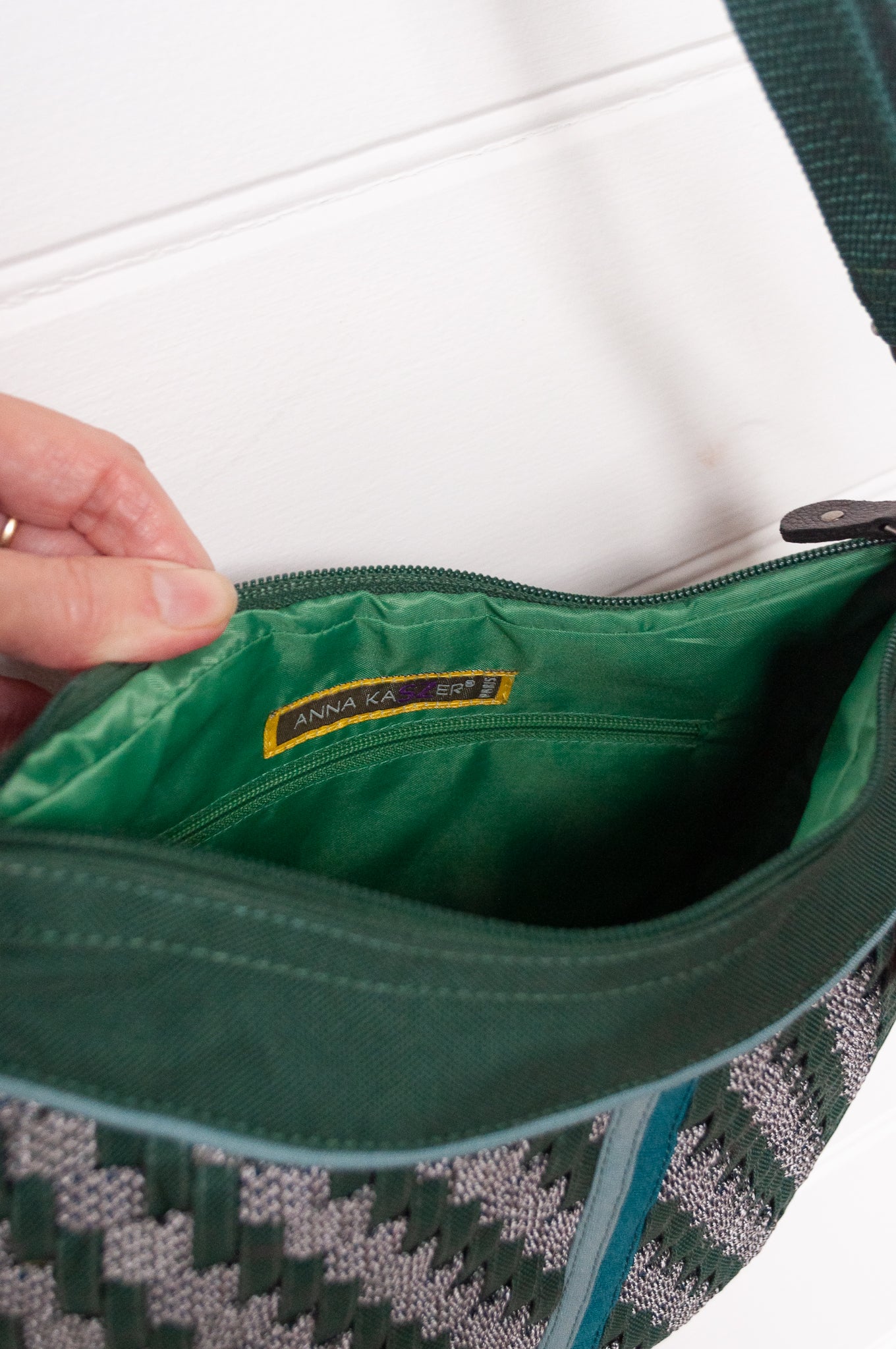 Anna Kaszer Fantio bag in forest green, cross body with braided panel.