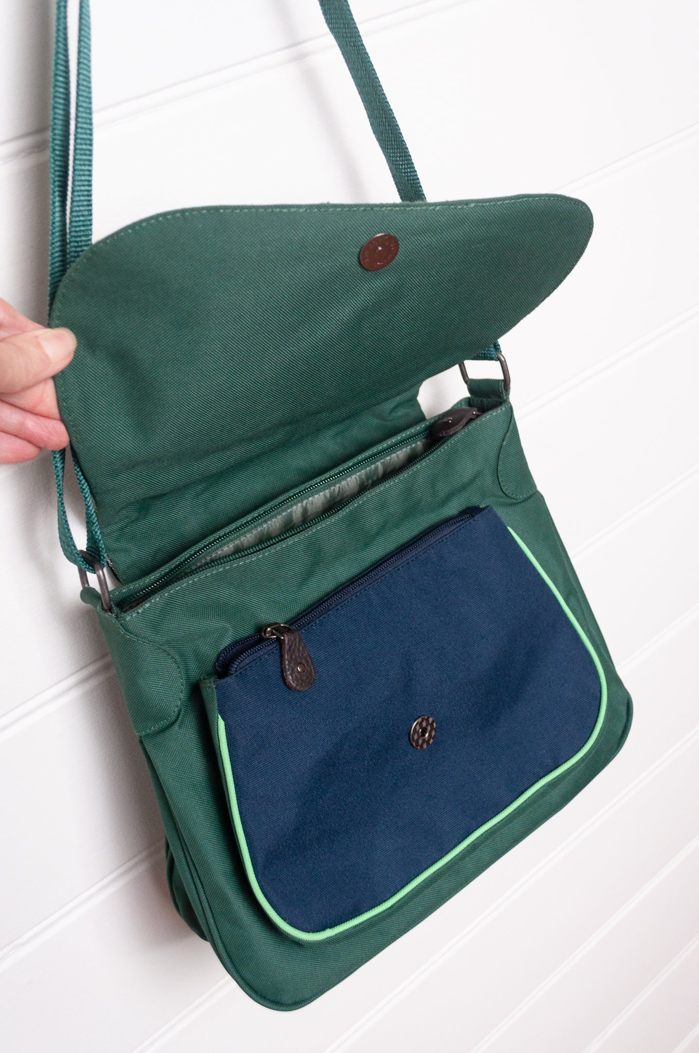 Anna Kaszer Ionza shoulder cross body bag in forest green with woven braid panel.