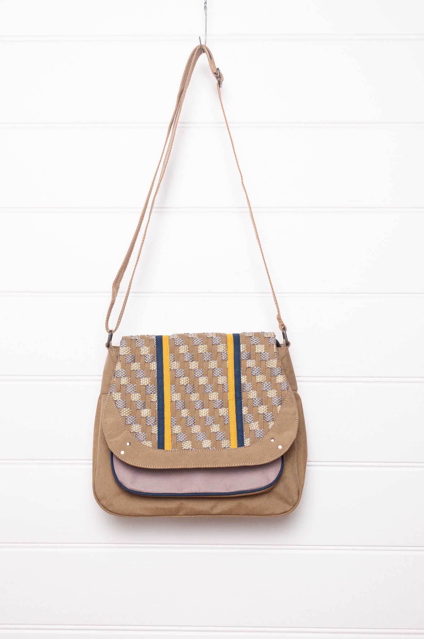 Anna Kaszer Ionza shoulder cross body bag in taupe with woven braid panel.