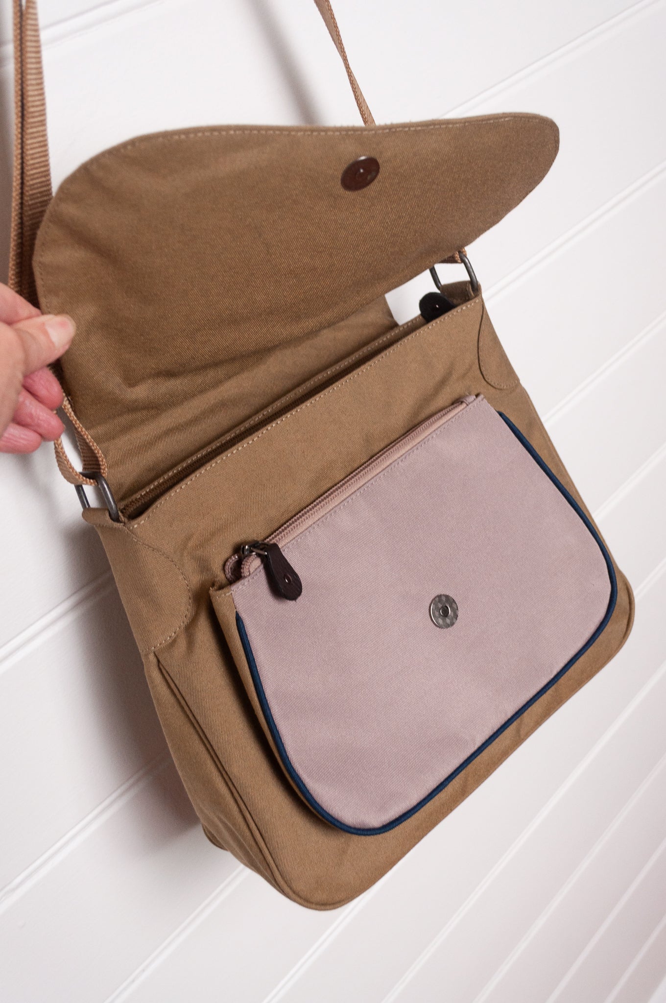 Anna Kaszer Ionza shoulder cross body bag in taupe with woven braid panel.