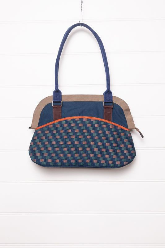 Anna Kaszer Fox bag in navy, taupe and burgundy, with double shoulder straps and woven braid panel.